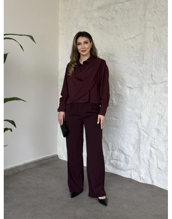 Şal detaylı ikili takım bordo