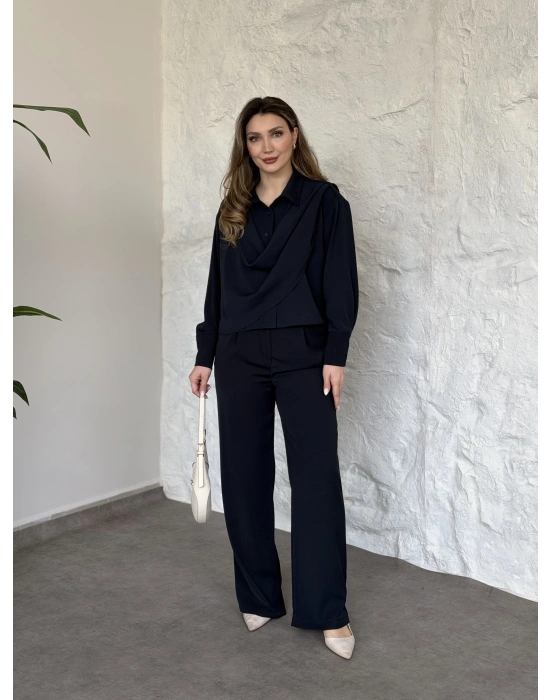 Şal detaylı ikili takım lacivert