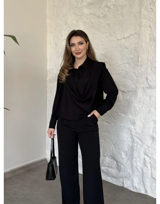 Şal detaylı ikili takım siyah