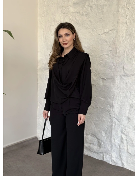 Şal detaylı ikili takım siyah