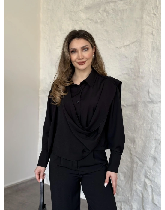 Şal detaylı ikili takım siyah