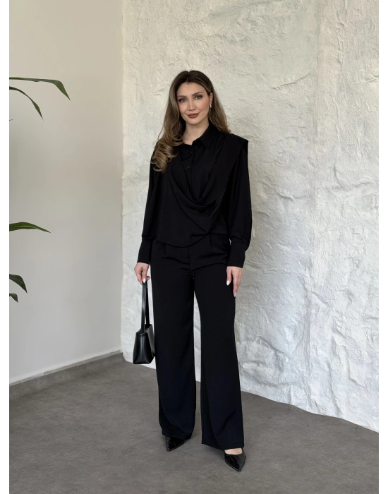 Şal detaylı ikili takım siyah