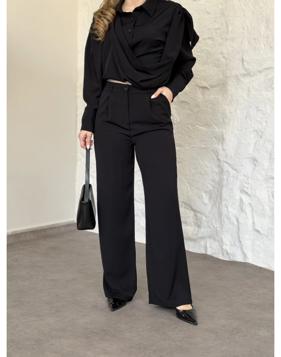 Şal detaylı ikili takım siyah