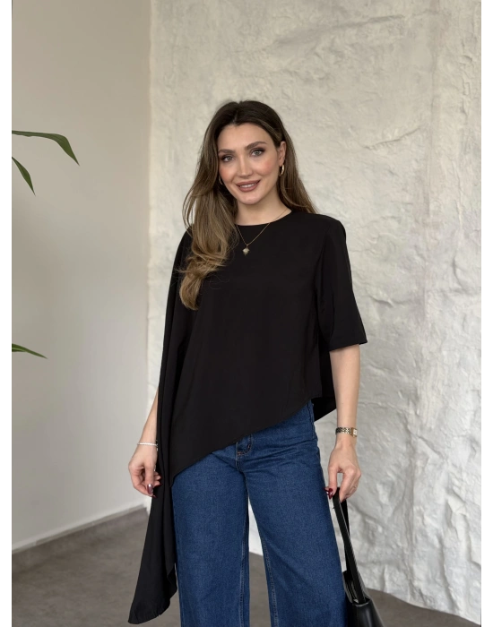 Asimetrik kesim vatkalı dökümlü bluz lacivert