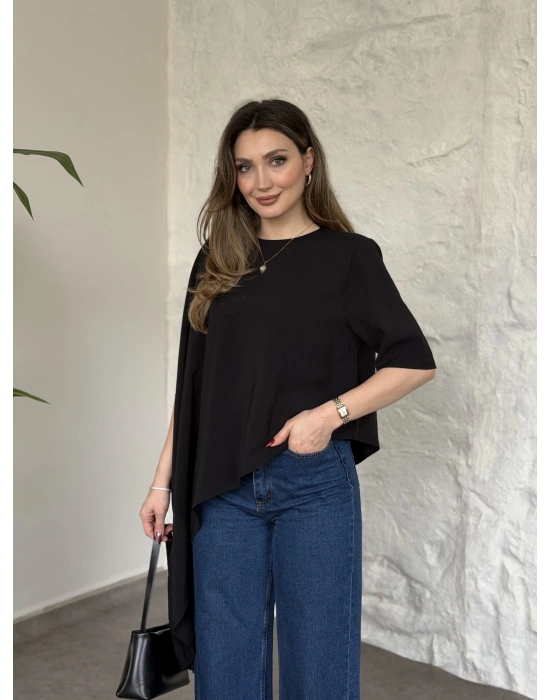 Asimetrik kesim vatkalı dökümlü bluz lacivert