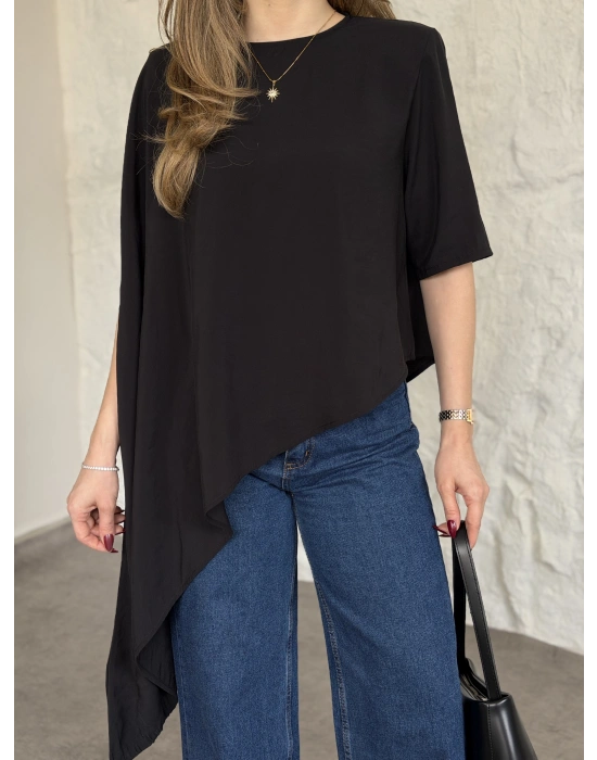 Asimetrik kesim vatkalı dökümlü bluz lacivert