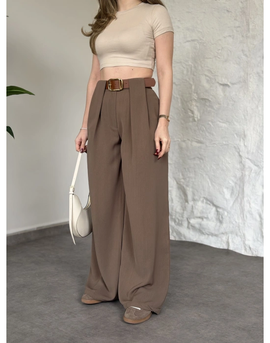 Önü pileli kendinden kemerli bol pantolon vizon