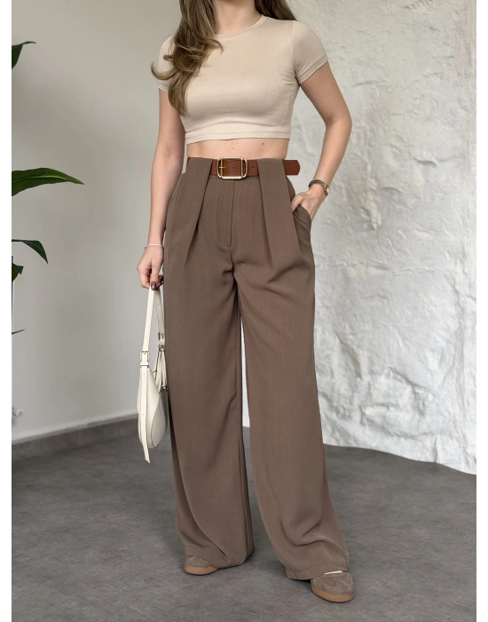 Önü pileli kendinden kemerli bol pantolon vizon