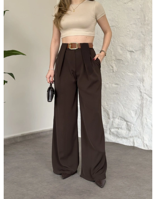 Önü pileli kendinden kemerli bol pantolon kahve