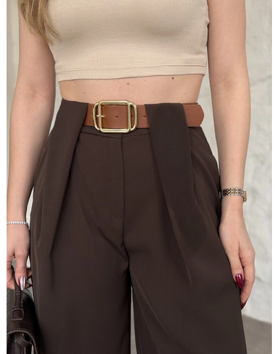 Önü pileli kendinden kemerli bol pantolon kahve