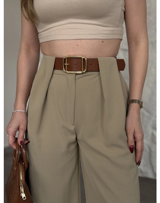 Önü pileli kendinden kemerli bol pantolon yeşil