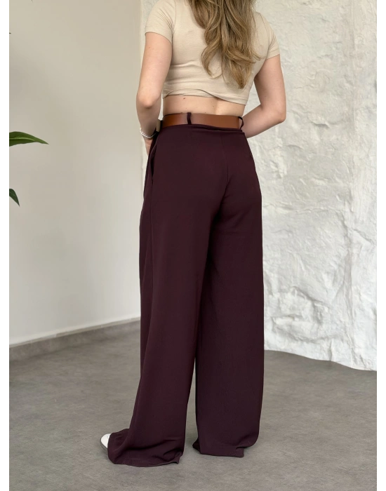 Önü pileli kendinden kemerli bol pantolon bordo