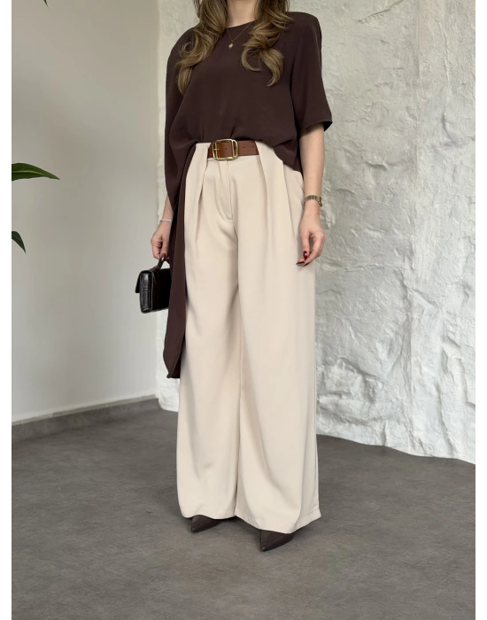 Önü pileli kendinden kemerli bol pantolon krem