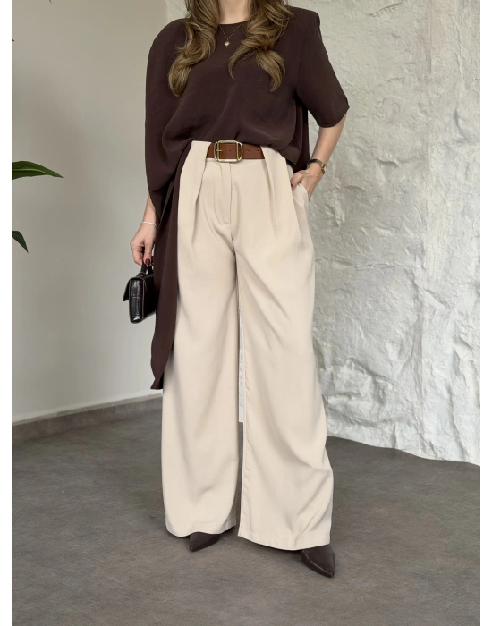 Önü pileli kendinden kemerli bol pantolon krem