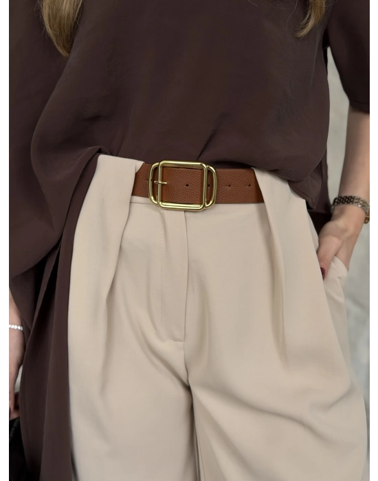 Önü pileli kendinden kemerli bol pantolon krem