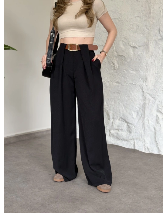 Önü pileli kendinden kemerli bol pantolon siyah