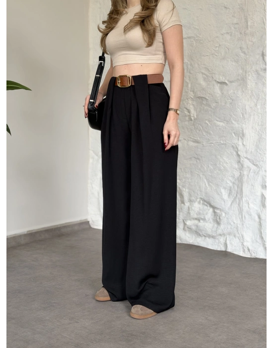 Önü pileli kendinden kemerli bol pantolon siyah