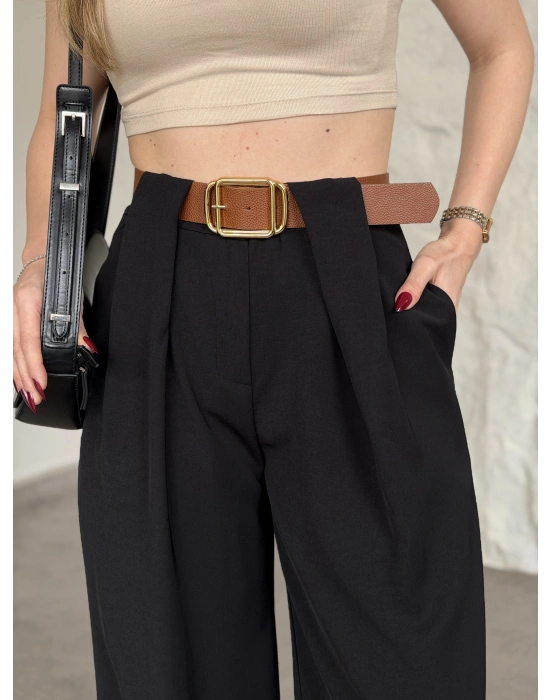 Önü pileli kendinden kemerli bol pantolon siyah