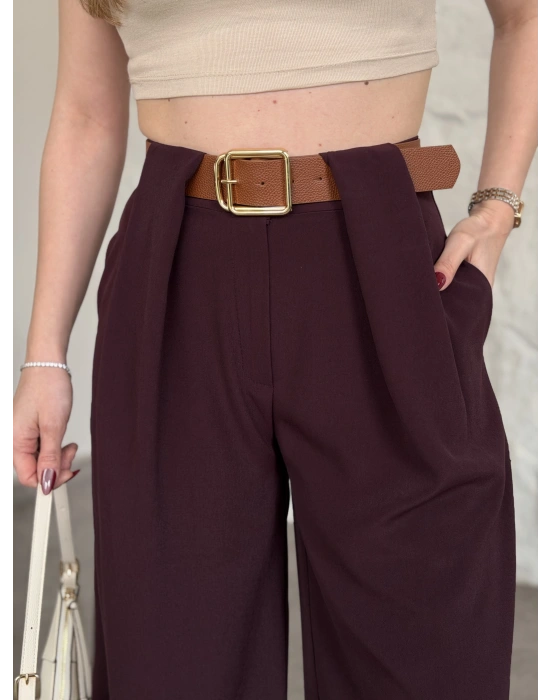 Önü pileli kendinden kemerli bol pantolon bordo