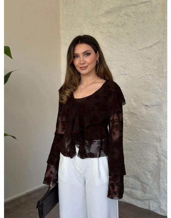 Flok tül içi atlet kolları volanlı bluz kahve