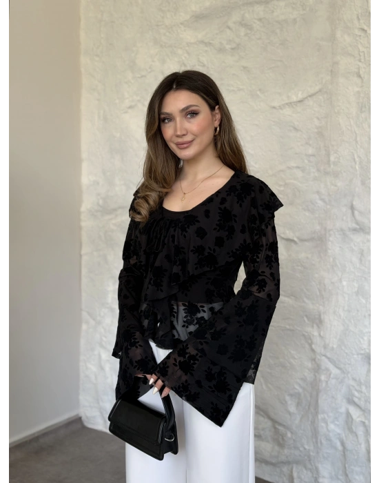 Flok tül içi atlet kolları volanlı bluz siyah