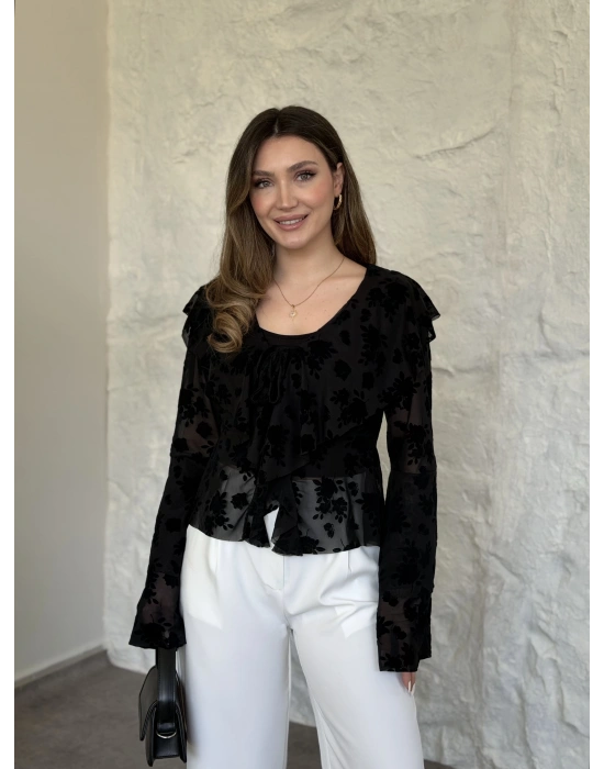 Flok tül içi atlet kolları volanlı bluz siyah