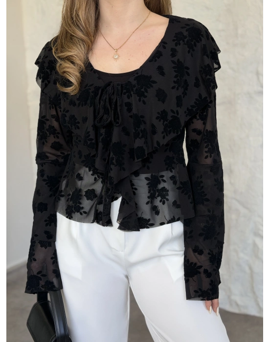 Flok tül içi atlet kolları volanlı bluz siyah