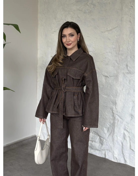 Gizli çıt çıt düğmeli belinden kuşaklı denim takım kahve