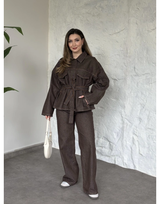 Gizli çıt çıt düğmeli belinden kuşaklı denim takım kahve