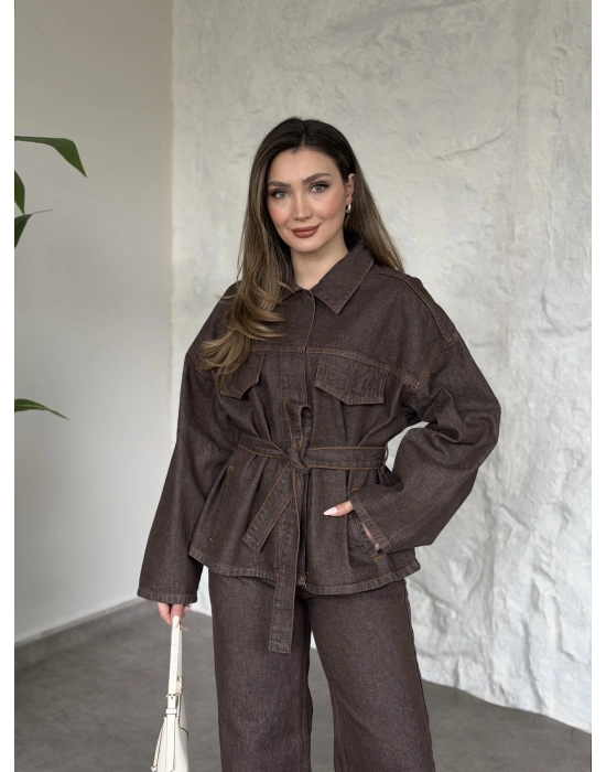 Gizli çıt çıt düğmeli belinden kuşaklı denim takım kahve