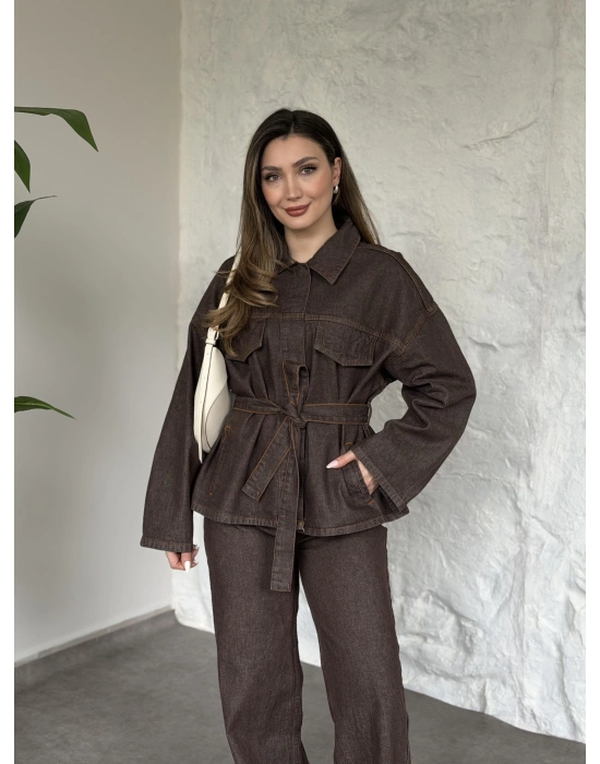Gizli çıt çıt düğmeli belinden kuşaklı denim takım kahve