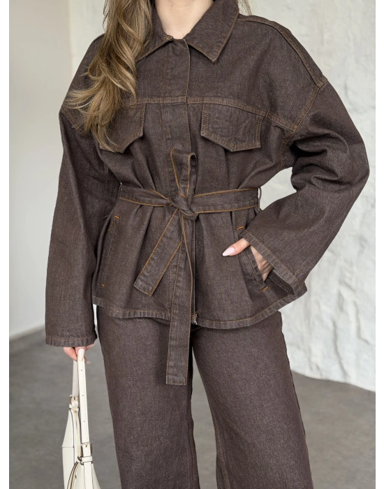 Gizli çıt çıt düğmeli belinden kuşaklı denim takım kahve