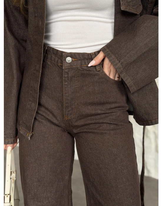 Gizli çıt çıt düğmeli belinden kuşaklı denim takım kahve