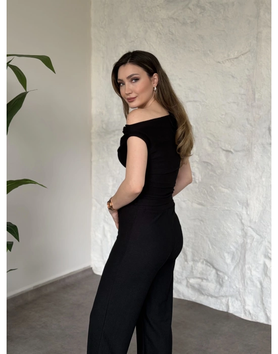 Düşük omuz beli büzgülü ikili takım siyah