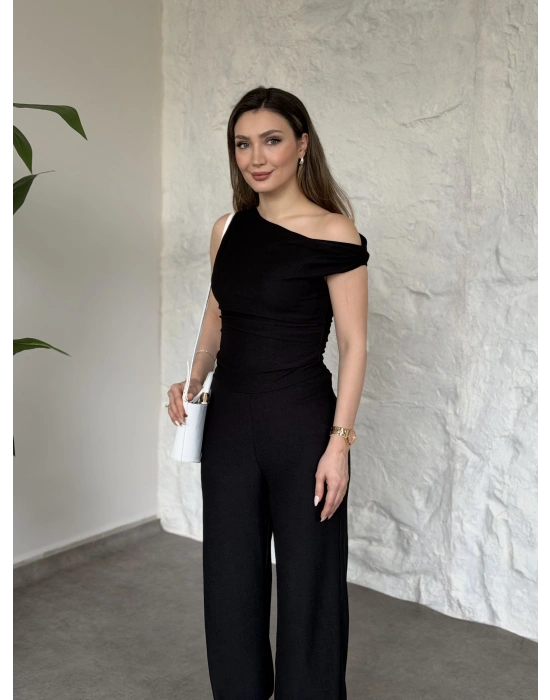 Düşük omuz beli büzgülü ikili takım siyah