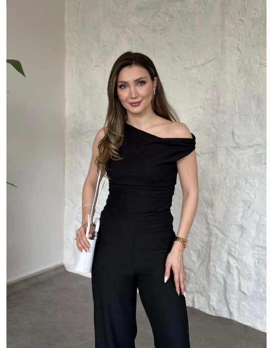 Düşük omuz beli büzgülü ikili takım siyah