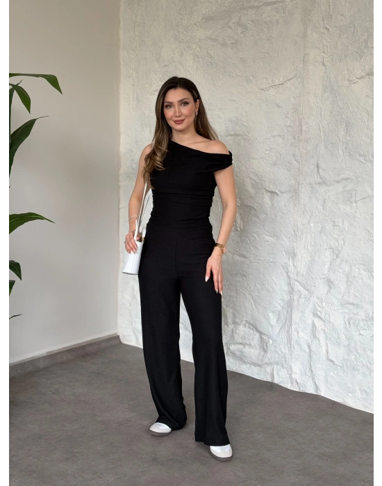 Düşük omuz beli büzgülü ikili takım siyah