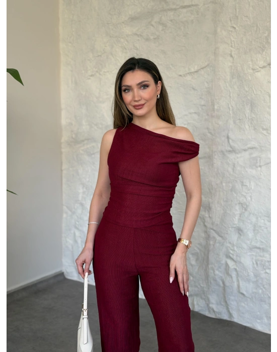 Düşük omuz beli büzgülü ikili takım bordo