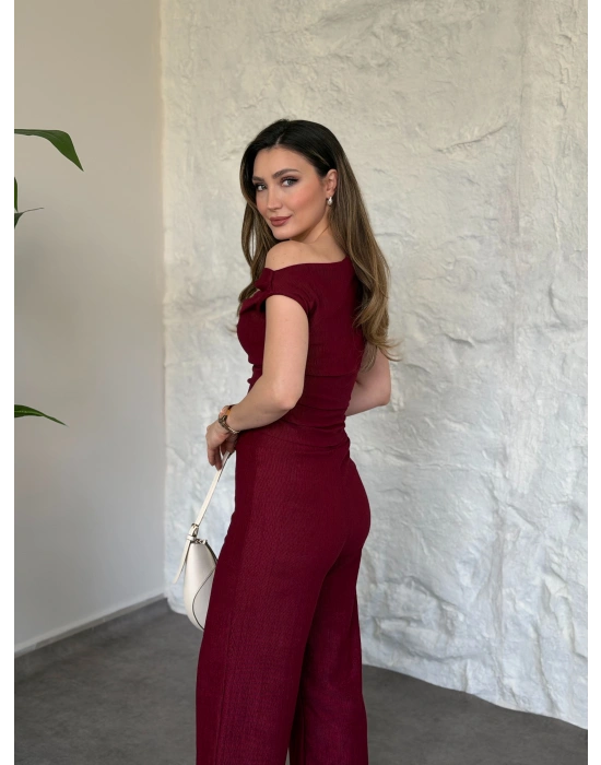 Düşük omuz beli büzgülü ikili takım bordo