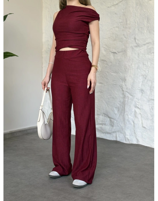 Düşük omuz beli büzgülü ikili takım bordo