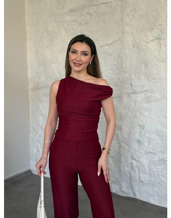 Düşük omuz beli büzgülü ikili takım bordo