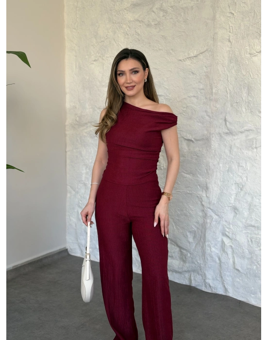 Düşük omuz beli büzgülü ikili takım bordo