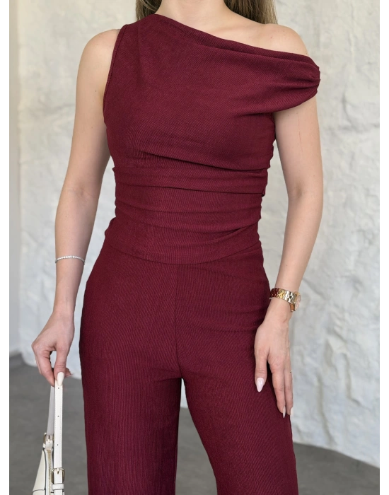 Düşük omuz beli büzgülü ikili takım bordo