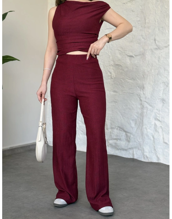 Düşük omuz beli büzgülü ikili takım bordo