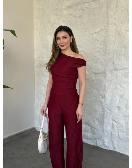 Düşük omuz beli büzgülü ikili takım bordo