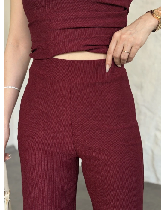 Düşük omuz beli büzgülü ikili takım bordo