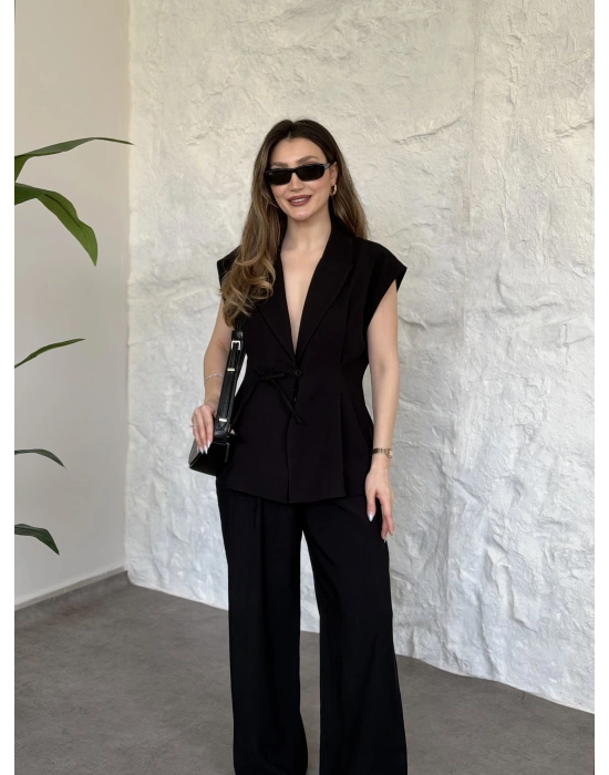 Diagonel kumaş ikili takım siyah