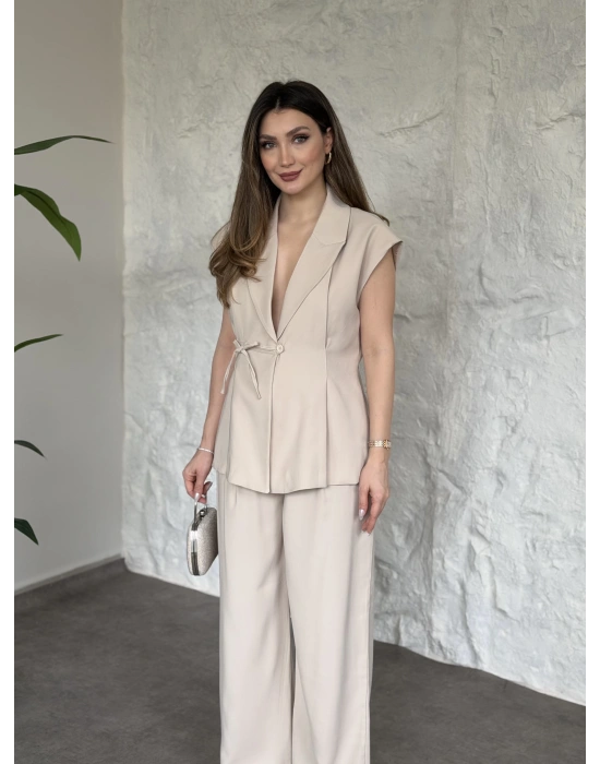 Diagonel kumaş ikili takım krem