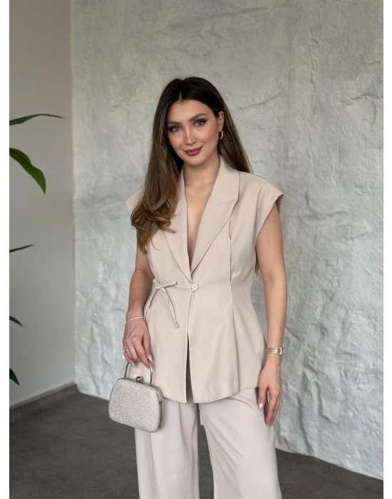 Diagonel kumaş ikili takım krem