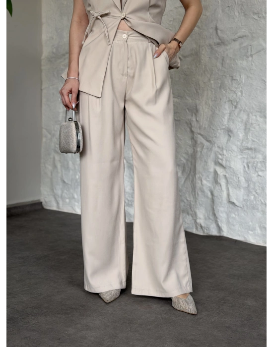 Diagonel kumaş ikili takım krem